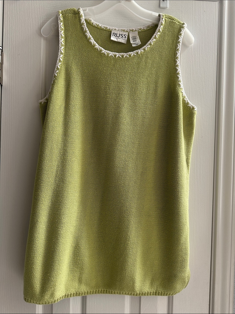 RUSS Vintage Lime Green Chartreuse Knit Tank White Trim XL Cottagecore Chunky